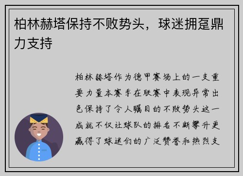 柏林赫塔保持不败势头，球迷拥趸鼎力支持