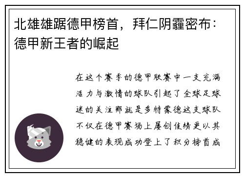 北雄雄踞德甲榜首，拜仁阴霾密布：德甲新王者的崛起